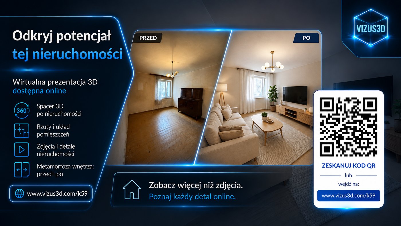 Zaproszenie do cyfrowej prezentacji mieszkania przy Kochanowskiego 59A — zeskanuj kod QR lub wejdź na www.vizus3d.com/k59