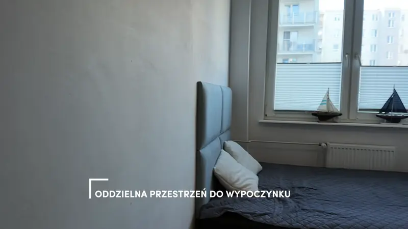 Film still with the caption “A separate space to relax”