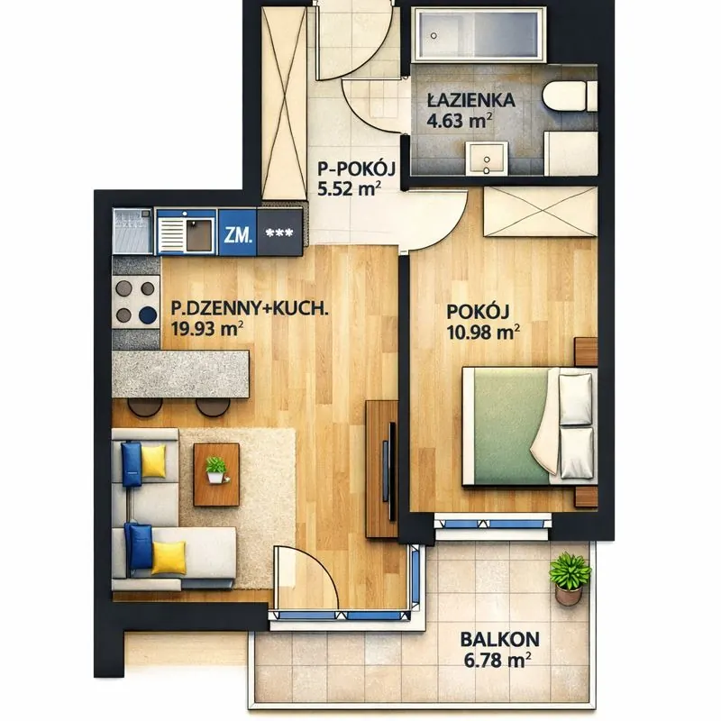 2D plan of a two-room flat: bathroom 4.63 m², hallway 5.52 m², living room with kitchen 19.93 m², bedroom 10.98 m², balcony 6.78 m²
