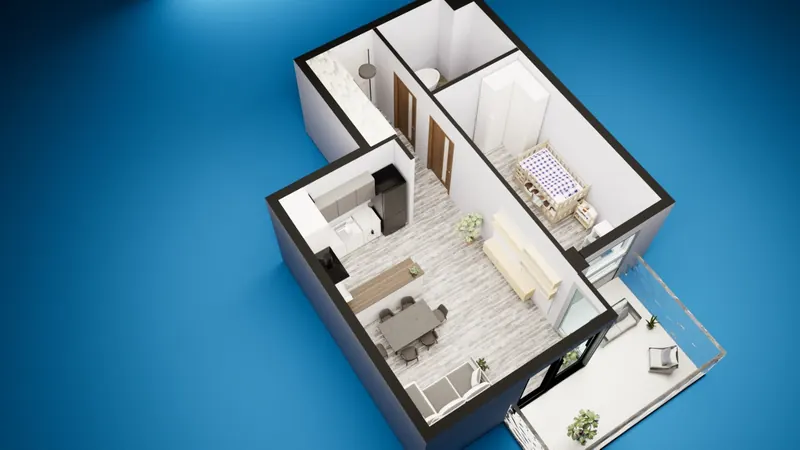 3D plan of a flat with a balcony