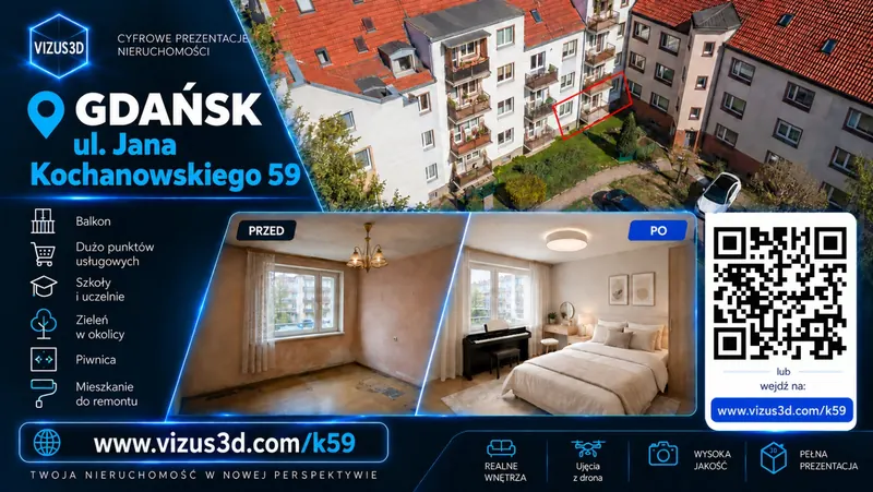 Graphic with a QR code: Gdańsk, 59 Jana Kochanowskiego St — flat to renovate, before and after AI visualisation