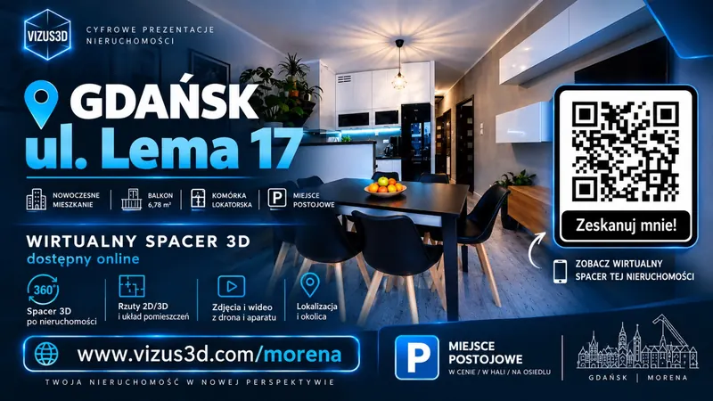 Graphic with a QR code: Gdańsk, 17 Lema St — virtual tour available online