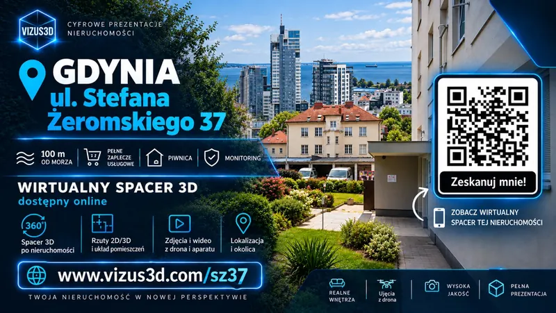 Graphic with a QR code: Gdynia, 37 Stefana Żeromskiego St — virtual tour available online